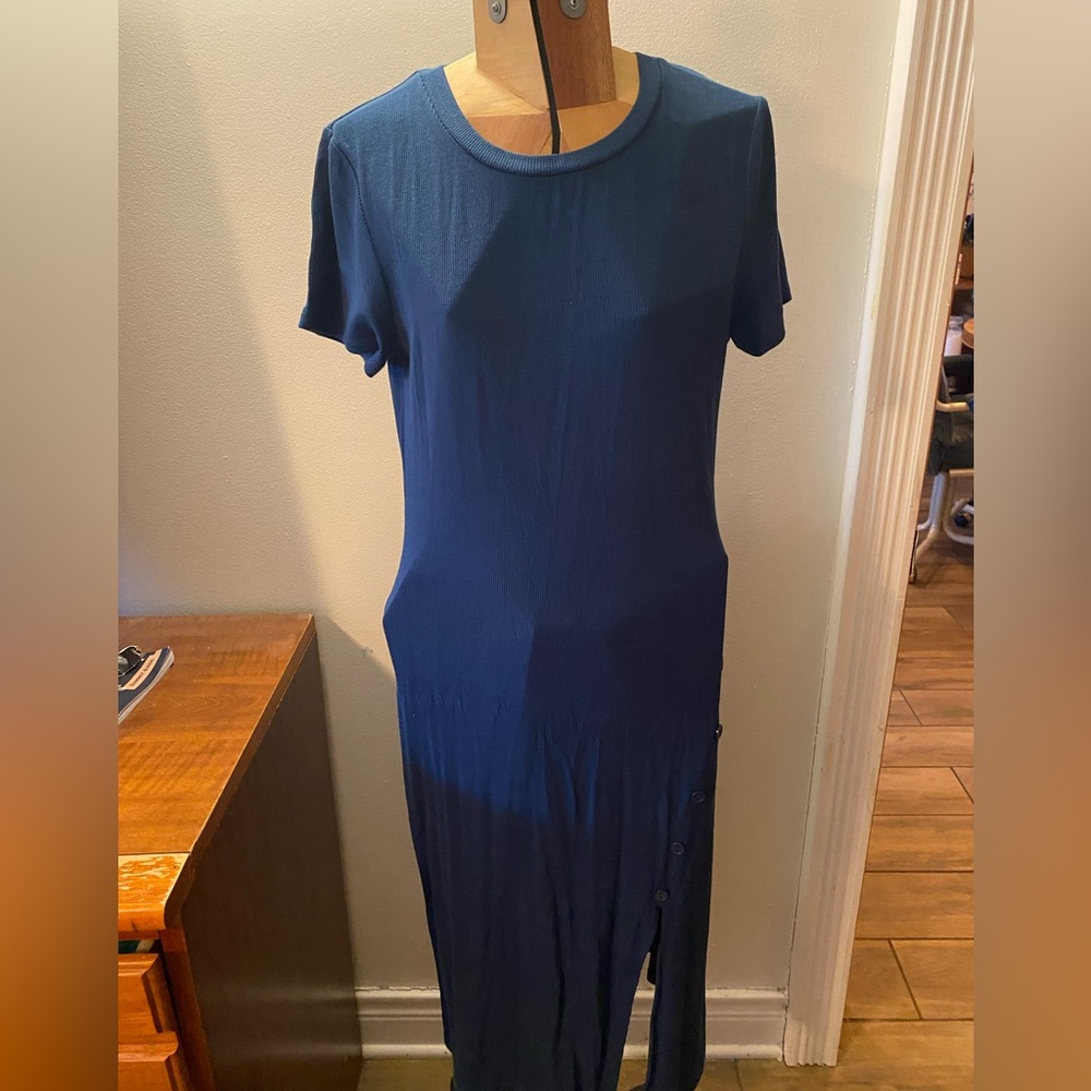 Daily Practice Blue Ribbed Tshirt Dress with Button Lined Slit